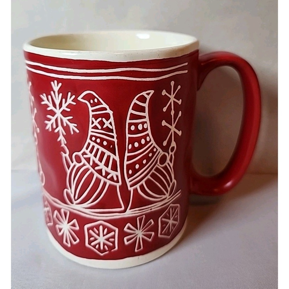 Peppermint & Pine Red&White Christmas Coffee Mug Embossed Gnomes Snowflakes EUC